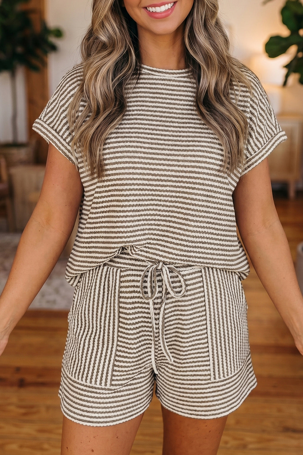 Pink Stripe Breathable Textured Knit Short 2pcs Set