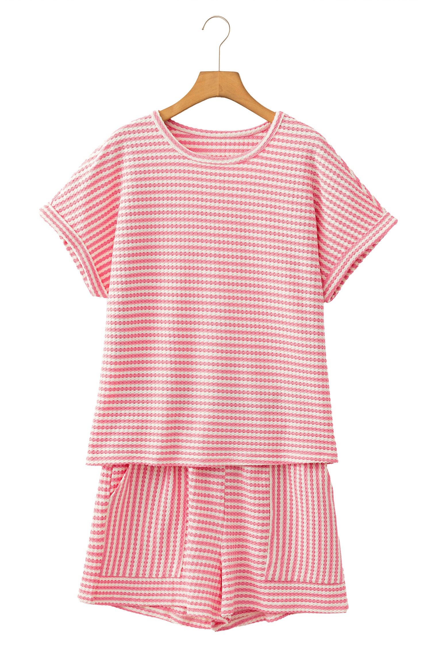 Pink Stripe Breathable Textured Knit Short 2pcs Set