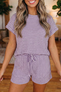 Pink Stripe Breathable Textured Knit Short 2pcs Set