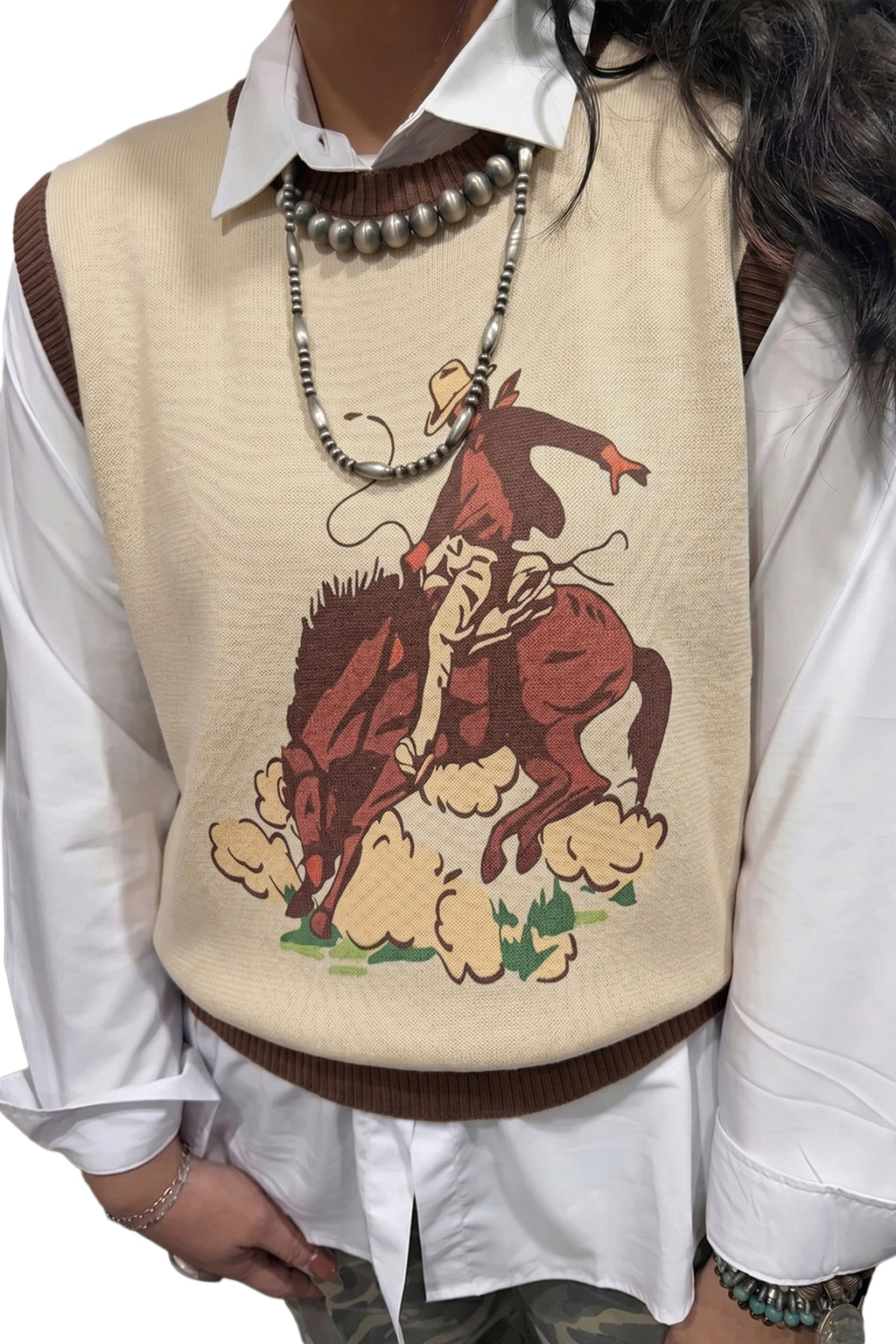 Khaki Western Print Colorblock Sleeveless Knit Vest Regular Length
