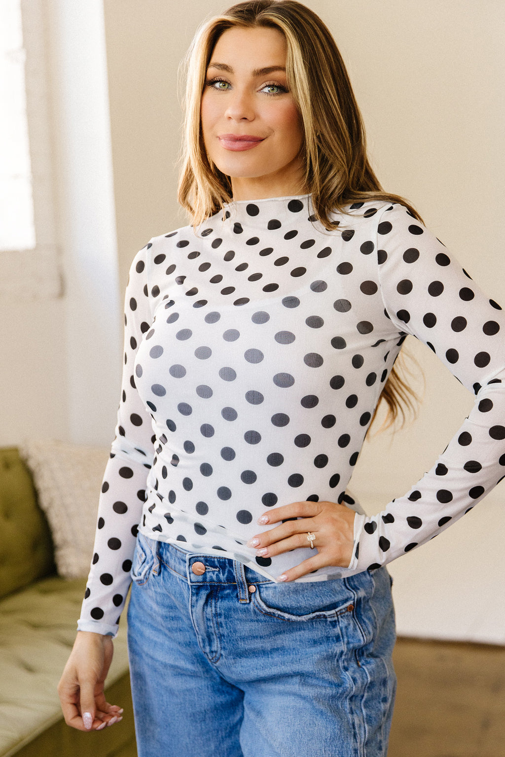 White Polka Dot Sheer Long Sleeve Round Neck Slim Top
