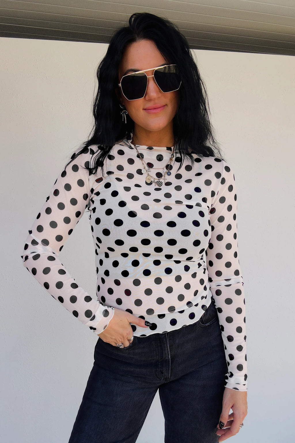 White Polka Dot Sheer Long Sleeve Round Neck Slim Top