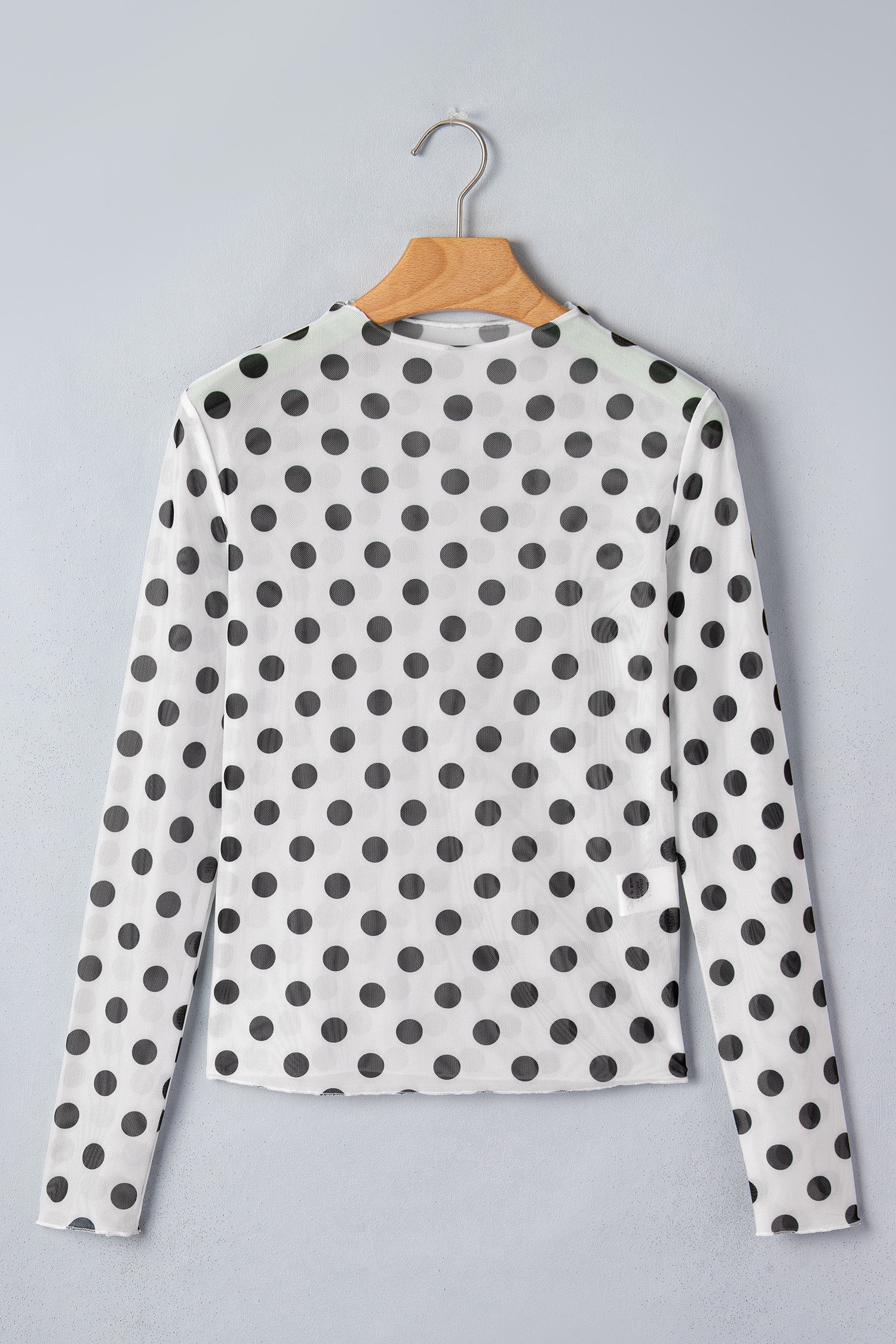White Polka Dot Sheer Long Sleeve Round Neck Slim Top