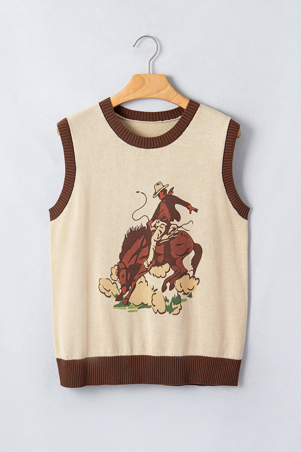 Khaki Western Print Colorblock Sleeveless Knit Vest Regular Length