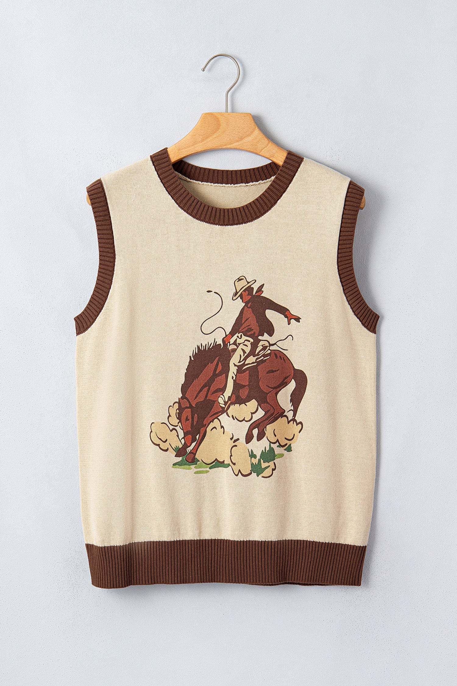 Khaki Western Print Colorblock Sleeveless Knit Vest Regular Length