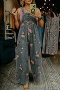 Beau Blue Floral Print Pleated High Waist Wide Leg Denim Jumpsuit